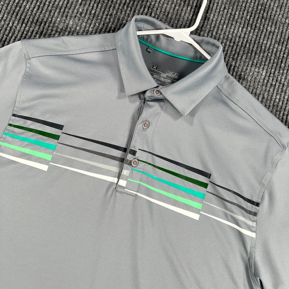 Under Armour Polo Shirt Mens Medium Gray Striped Short Sleeve Loose‎ Fit Heat